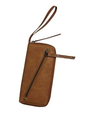 Free People Vegan Leather Wristlet Wallet Brown Zip Around Stud Pull